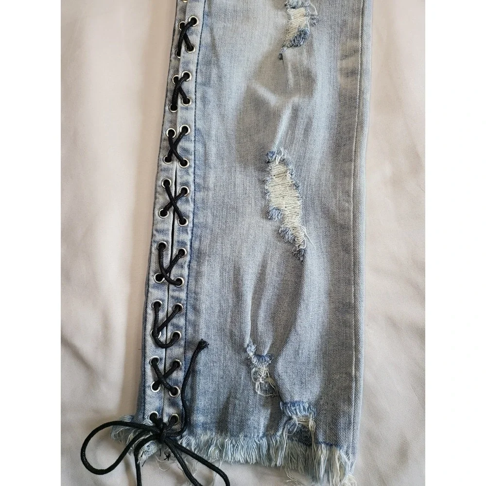Y2K Rockstar Original Honor Mens Distressed Lace Up Cargo Jeans Light Blue 34